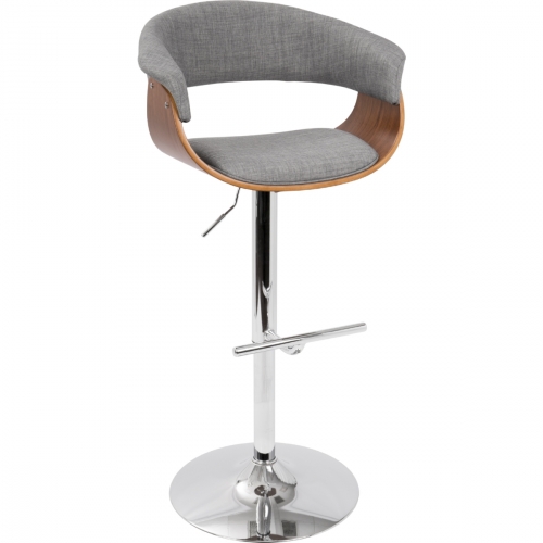 Vintage Mod Adjustable Swivel Bar Stool in Light Grey Fabric & Walnut Finish